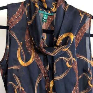 Vintage Ralph Lauren 100% Silk Equestrian Sleeveless Tie Front Blouse